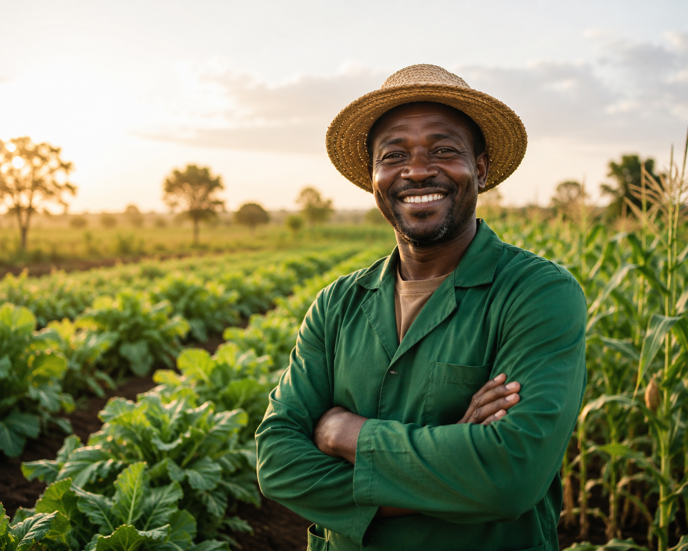 Smiling farmer standing in a lush green field at sunset